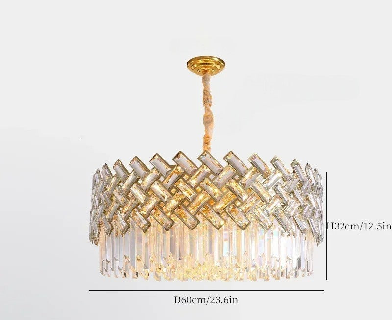 Medium round crystal chandelier with 60cm diameter and 32cm height, ideal for modern bedrooms or dining areas.