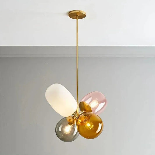 Stained glass branch chandelier with multicolored glass shades and gold fixture, ideal for luxury pendant lighting in modern interiors.