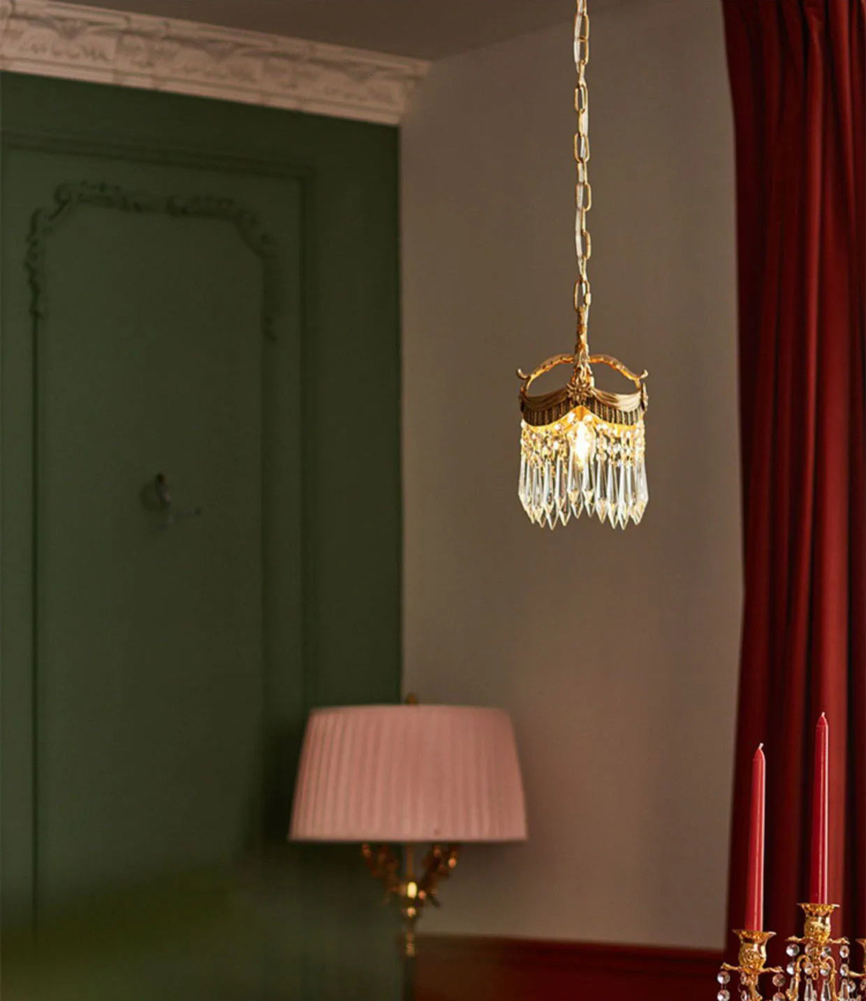 Luxury French Velvet Tassel Chandelier in a red and green interior, offering warm ambient lighting with vintage flair.