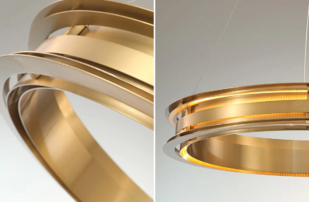 Detail view of brushed bronze stainless steel LED chandelier, showcasing premium craftsmanship and modern design.