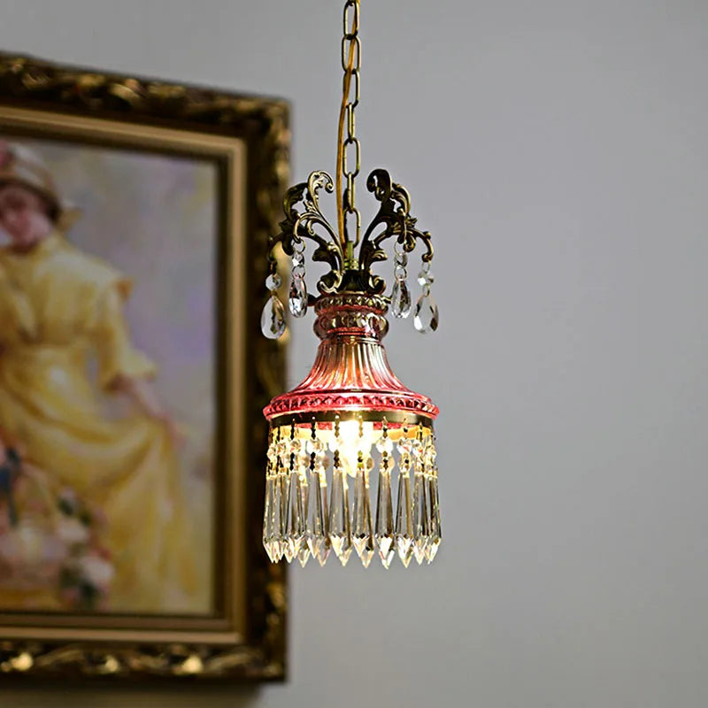 Small luxury French crystal chandelier with red and gold finish, perfect pendant light for bedroom or porch ambiance.