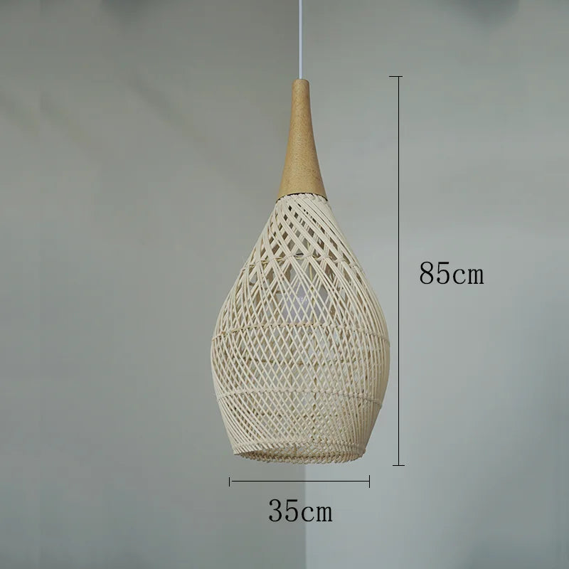 Tall teardrop-shaped rattan pendant light with wood accent, 85cm height, suitable for high ceilings and modern decor.