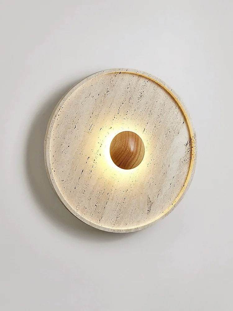 Modern Japanese wall sconce with travertine finish and central wooden LED light, perfect for Nordic or minimalist interiors.