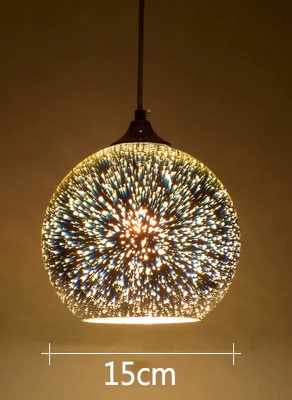 Glass 3D Fireworks Pendant Light - LED Stylish Design in 15cm spherical size, glowing with golden fireworks LED effect.