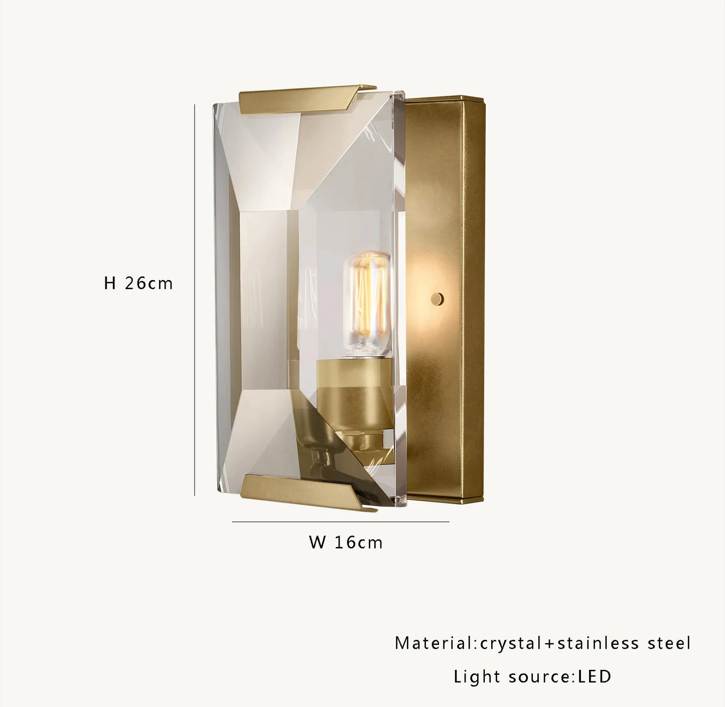 Gold crystal LED wall sconce with faceted design, 26cm tall, made of stainless steel and LED light source.