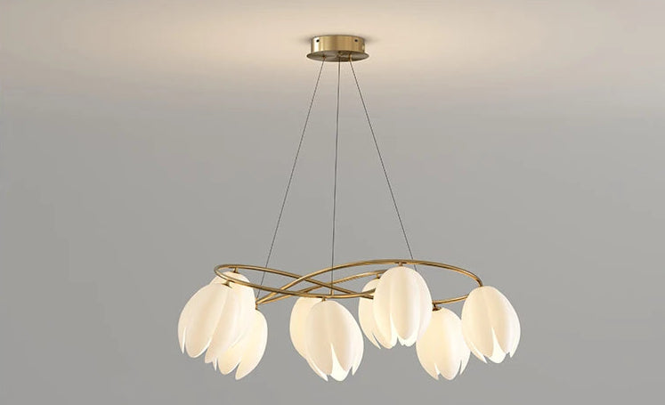 Cream Modern Ceiling Light with petal-shaped LED bulbs and gold frame, turned on to provide soft, ambient lighting.
