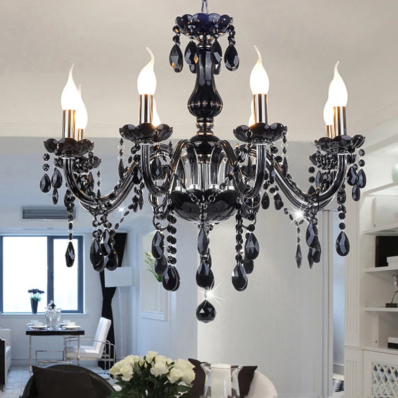 Modern black crystal chandelier - LED pendant light with ornate detailing, perfect for upscale dining or living room ambiance.