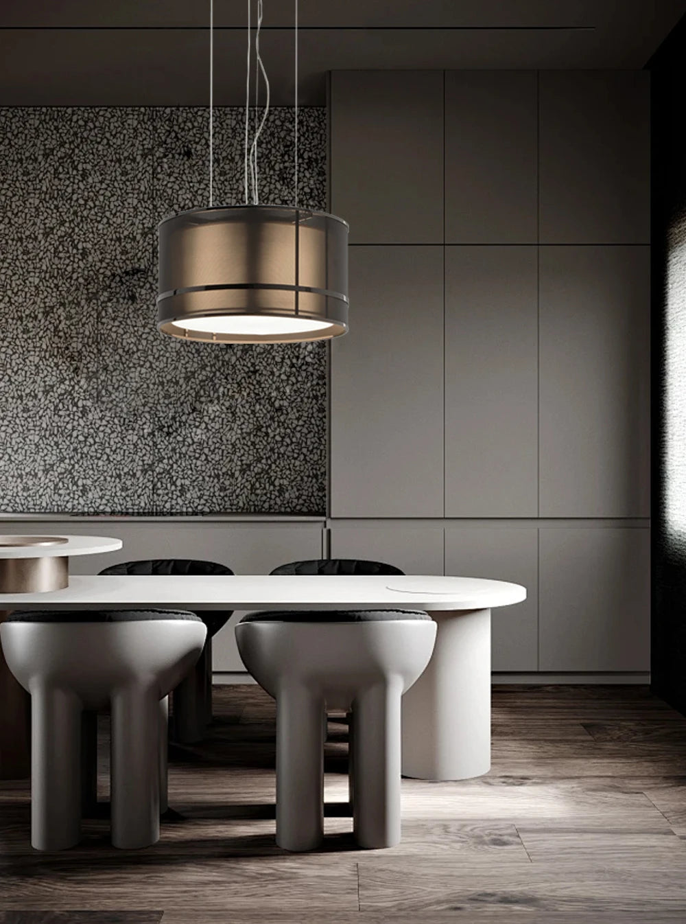 Contemporary Italian chandelier lighting a modern dining room with sculptural white chairs and dark textured walls.