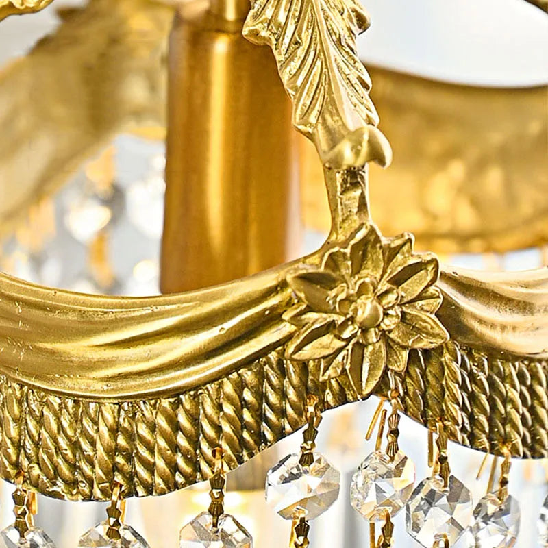 Detailed view of copper floral trim and rope design on French Velvet Tassel Chandelier, highlighting its ornate vintage charm.