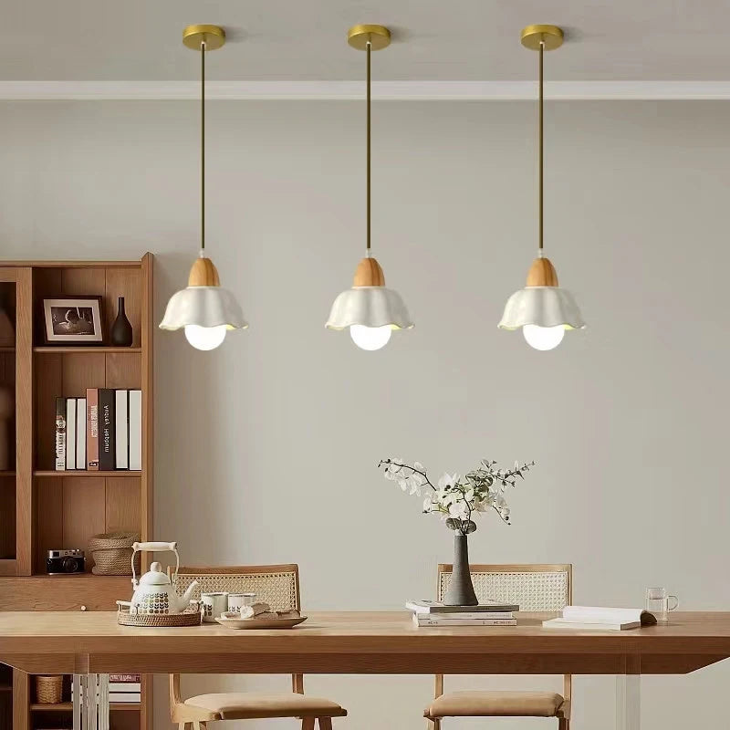 Japanese ceramic pendant light with wood accent