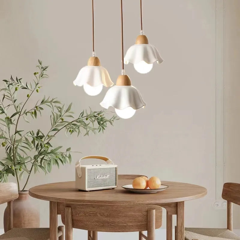 Japanese ceramic pendant light with wood accent