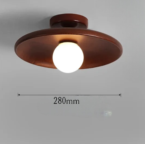 Modern walnut wood ceiling light with a smooth round shade and 280mm diameter, ideal for bedrooms and living rooms.