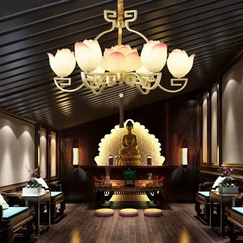 Lotus flower LED pendant light - vintage ceiling light enhancing a serene meditation room with warm, ambient lighting.