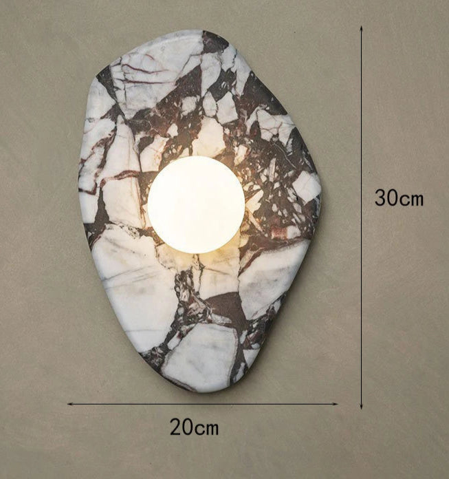 Dimensions of G9 Stone Wall Light shown with 30cm height and 20cm width, made of natural stone and glass for LED lighting.