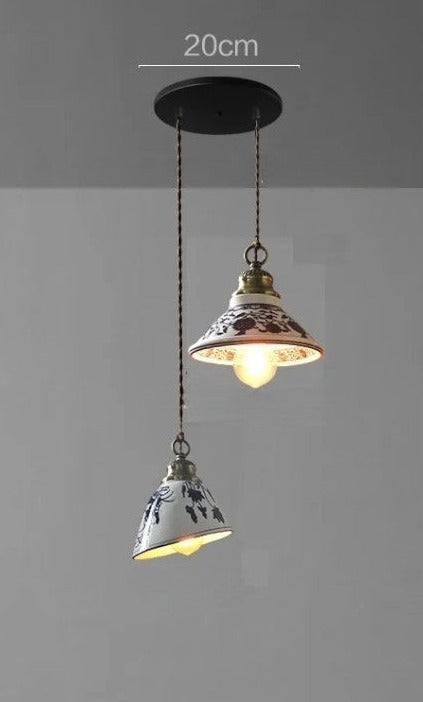 Two ceramic pendant lights with mixed floral designs on a 20cm ceiling mount, ideal for farmhouse interiors.