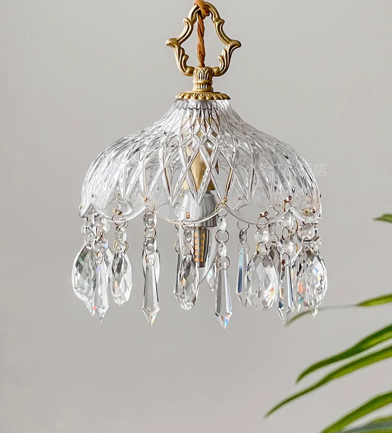 French Vintage Crystal Chandelier - Copper Hanging Lamp with diamond-patterned glass shade and crystal accents.