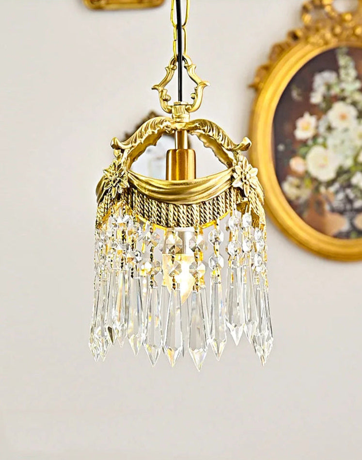French Velvet Tassel Pendant Light with gold-toned frame and crystal drops, styled in a classic floral-themed room.