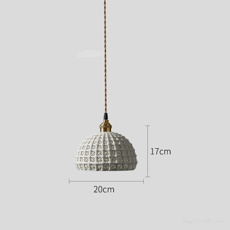 White dome-shaped LUXELY ceramic pendant light with 20cm diameter and 17cm height, perfect for dining or kitchen lighting.