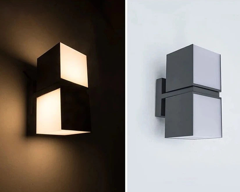 LUXELY rotatable outdoor wall lamp shown lit and unlit, highlighting its modern cube design and adjustable lighting direction.