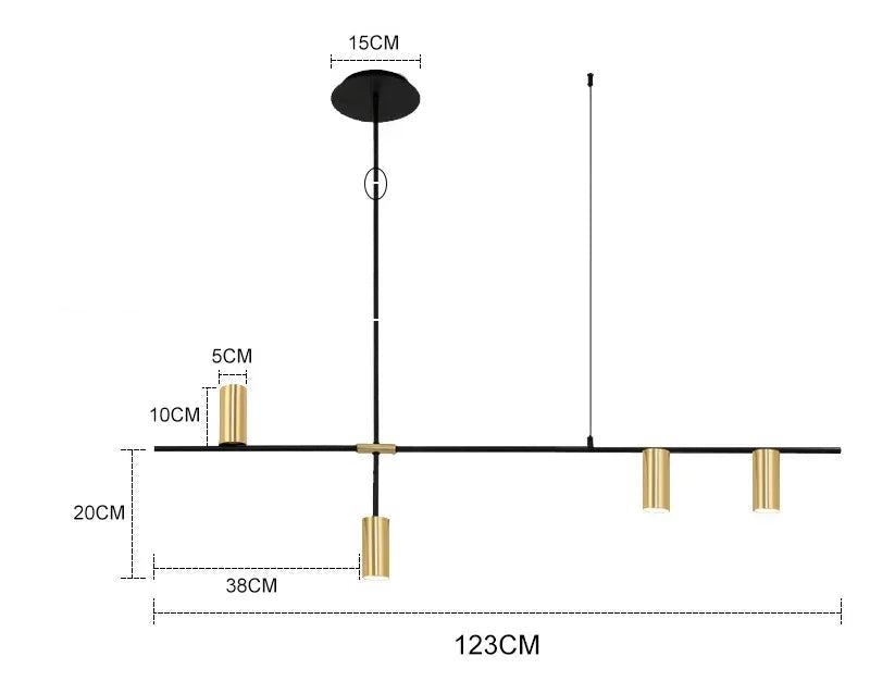 Gold version of modern minimalist spotlight bar ceiling light with three LED heads, shown with precise installation dimensions.