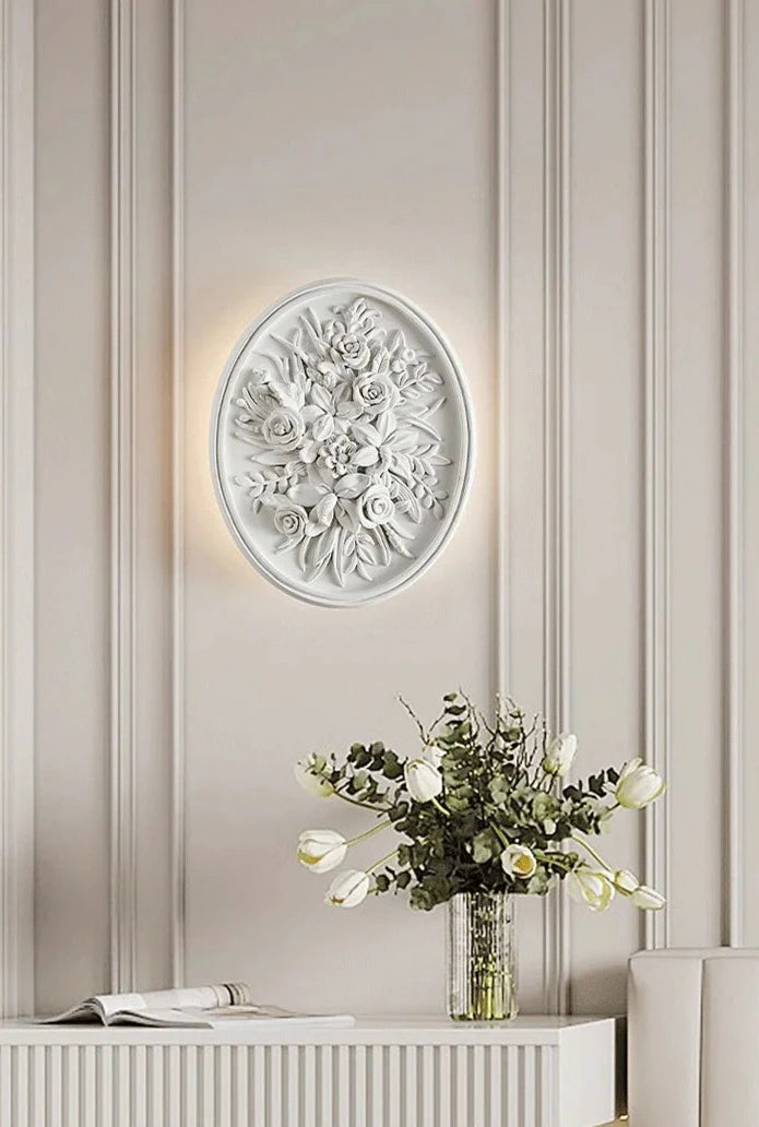 Oval floral vintage sconce with LED backlight, mounted in elegant living room for royal-style wall lighting ambiance.