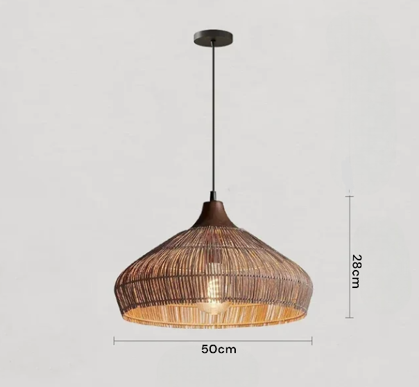 Large brown rattan pendant light with wood accent, 50cm wide, designed for modern dining or living room ceiling decor.