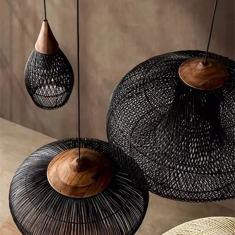 Assorted LUXELY gothic rattan pendant lights in black with wood tops, ideal for modern dining or living room ceiling decor.