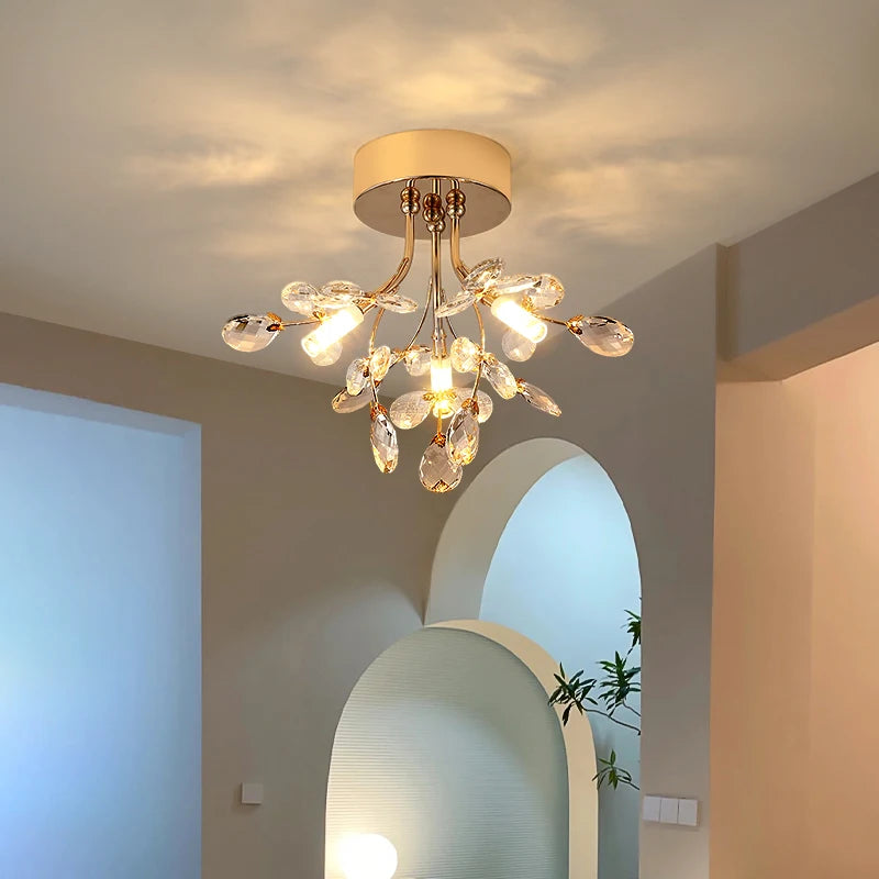Minimalist crystal ceiling light fixture without roses, suitable for modern kids' rooms or hallways with soft ambient lighting.