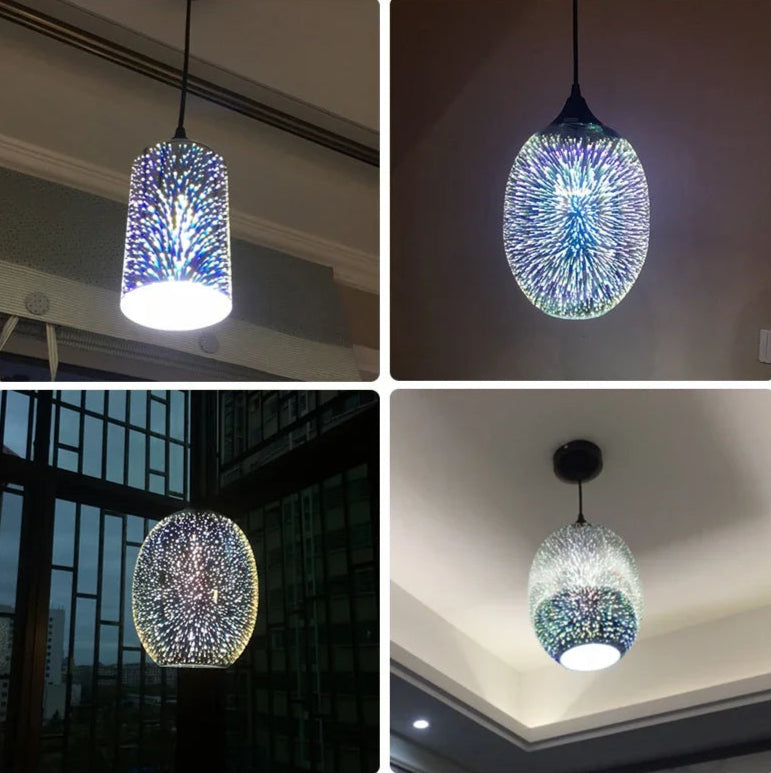 Glass 3D Fireworks Pendant Light - LED Stylish Design shown in various shapes and settings, ideal for modern home lighting decor.
