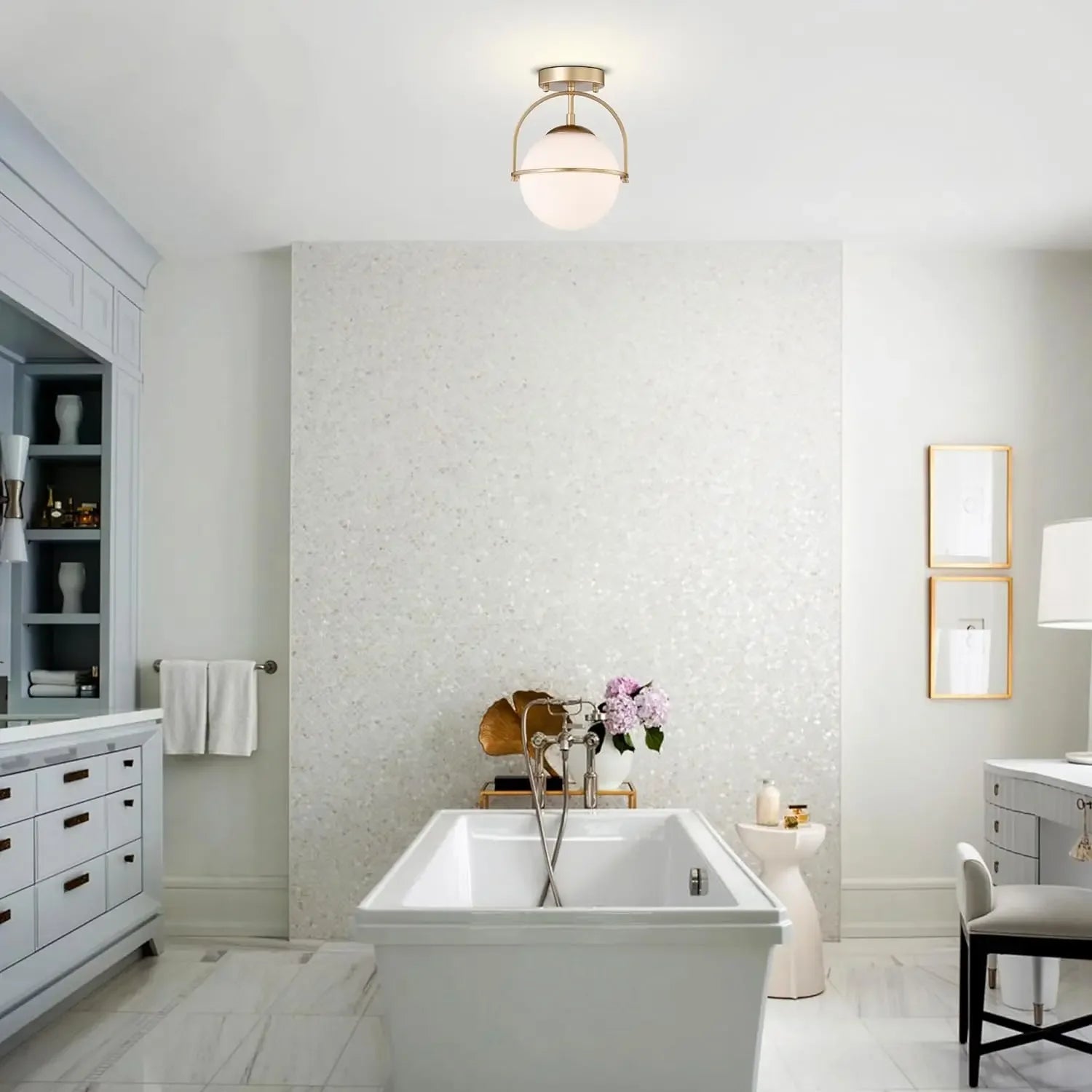 Nordic milky glass ceiling light fixture in a luxurious bathroom, offering soft ambient lighting with a modern touch.