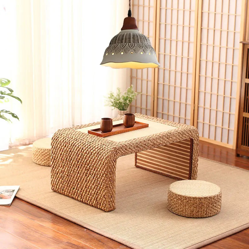 Nordic Ceramic Chandelier - LED Pendant Light Vintage suspended over a woven tea table set in a minimalist home interior.