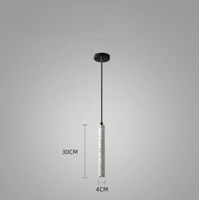 White terrazzo LUXELY LED pendant light with slim industrial design. Perfect for modern kitchens or minimalist interiors.