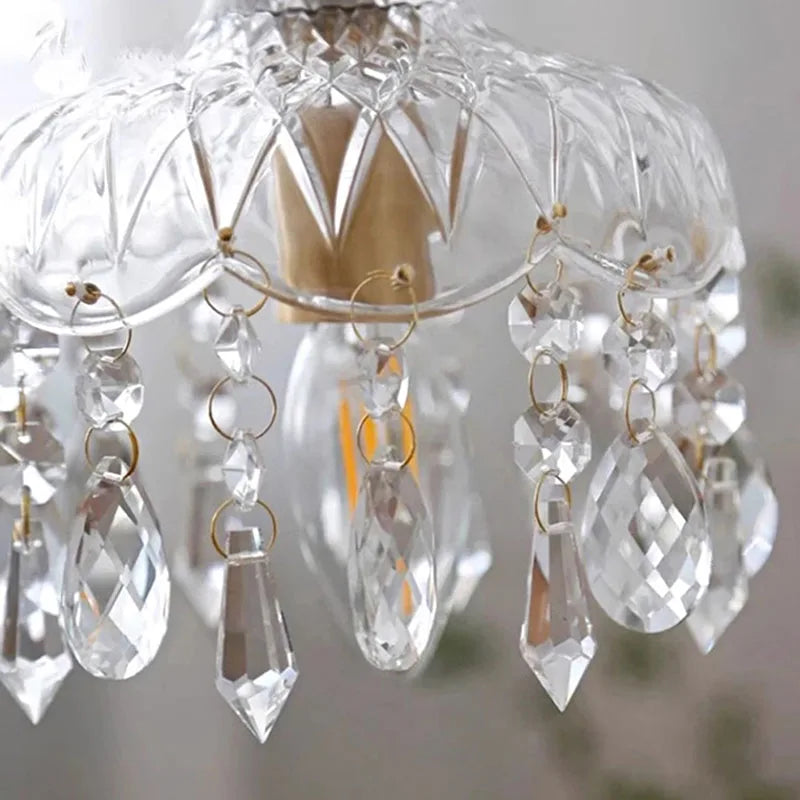 Close-up of French Vintage Crystal Chandelier - Copper Hanging Lamp showing detailed crystal drops and gold accents for luxury decor.