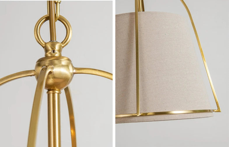 Detail view of gold frame and fabric shade on American luxury LED chandelier, showcasing premium craftsmanship and design.