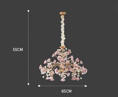 Large Modern LED Rose Crystal Chandelier, 85cm wide and 55cm high, designed for spacious rooms with luxurious floral lighting needs.