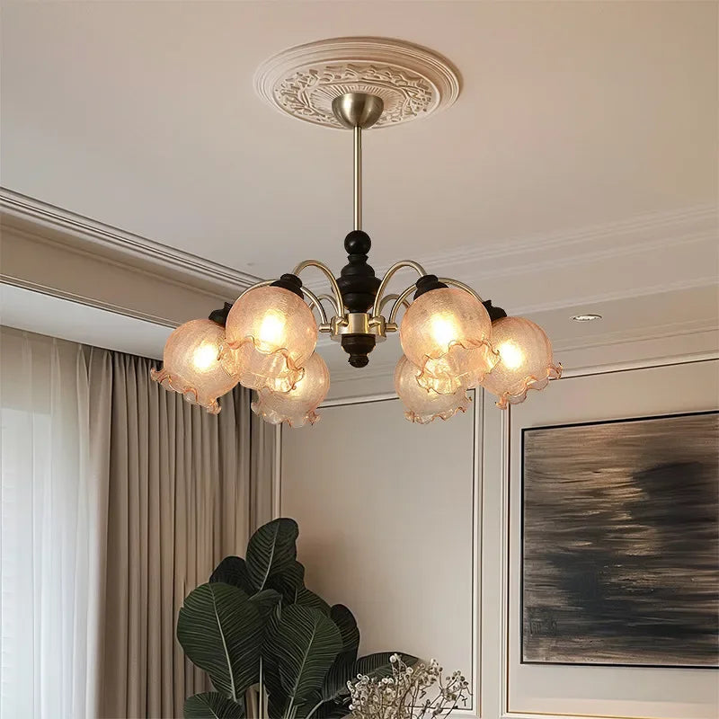 American-style LED chandelier with six crystal flower lampshades, ideal for living rooms seeking a blend of vintage and modern design.