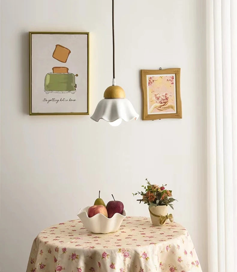Japanese ceramic pendant light with wood accent
