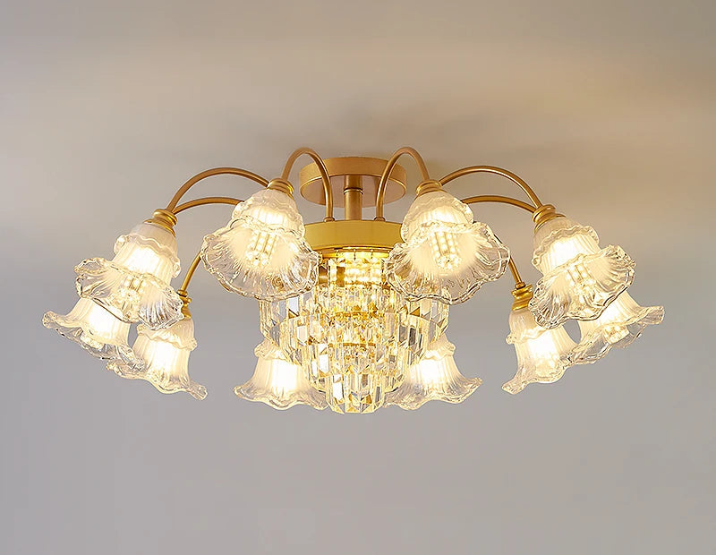 10-light gold LED chandelier with crystal center and floral glass shades. Elegant and energy-saving lighting fixture.