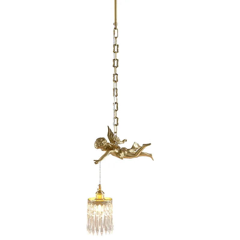 Full view of copper angel chandelier pendant light with crystal accents, suspended by a gold chain for modern classic interiors.