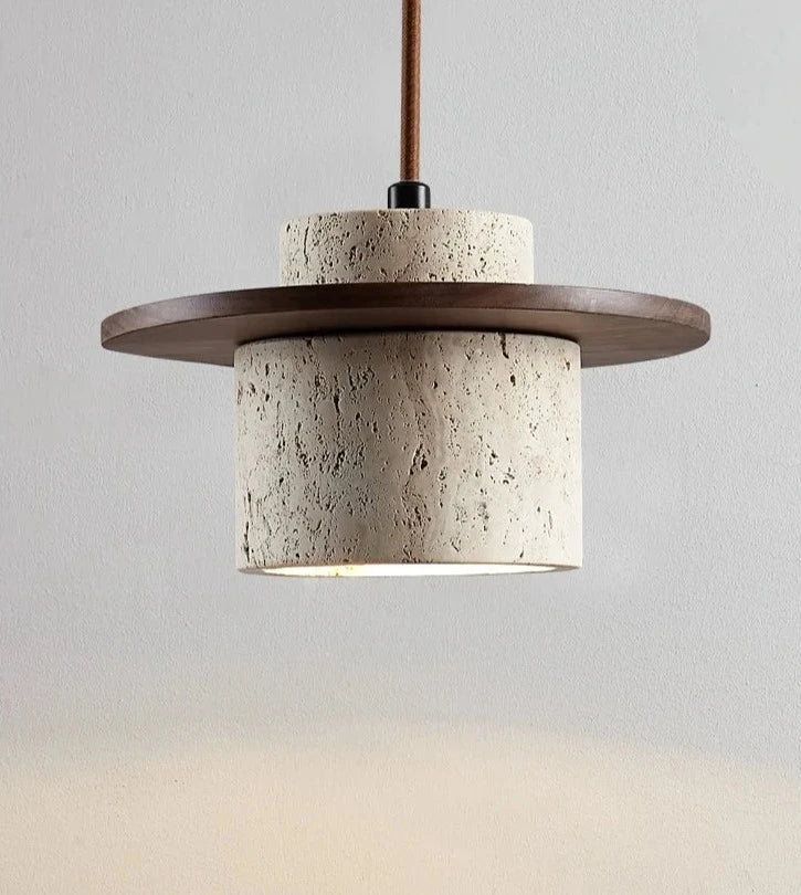 LUXELY Japanese stone pendant lamp with dark wood accent, perfect for modern interiors and ambient ceiling lighting.