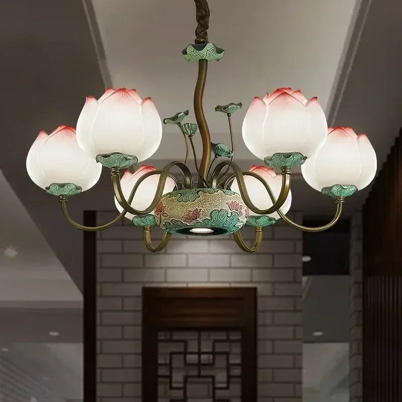 LED Floral Chandelier with lotus-shaped lampshades, illuminating a hallway with vintage ceramic and resin detailing.