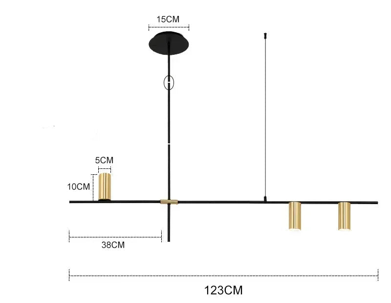 Three-head gold LED spotlight bar ceiling light with minimalist black frame and installation dimensions for modern interiors.