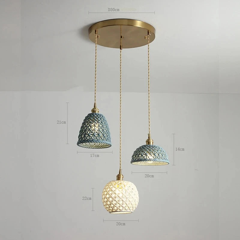 LUXELY ceramic pendant lights in blue and white on brass ceiling mount, ideal for pendant vintage or wabi-sabi lighting styles.