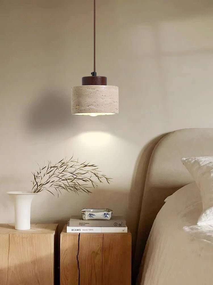 LED Travertine stone pendant light with wooden base