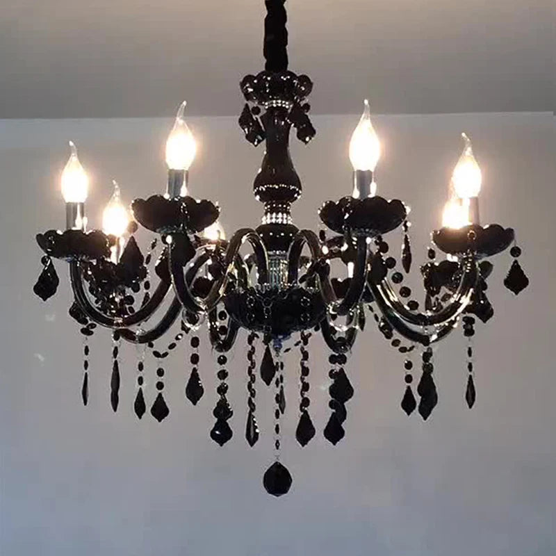 European black crystal chandelier - modern LED pendant light glowing warmly, ideal for stylish home and cafe lighting.