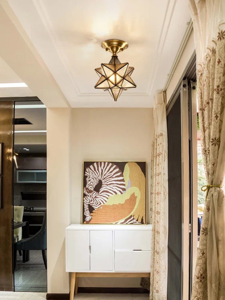 Contemporary copper ceiling light fixture in a living space, showcasing modern glass design for stylish home lighting.
