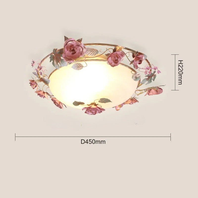 Dimensions of romantic pink chandelier: 450mm diameter, 220mm height. French rose ceiling light ideal for elegant home lighting.