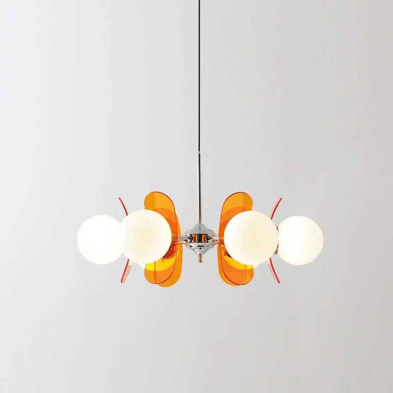 Orange-accented Bauhaus retro chandelier with LED globes, perfect for artistic dining room or restaurant ceiling lighting.