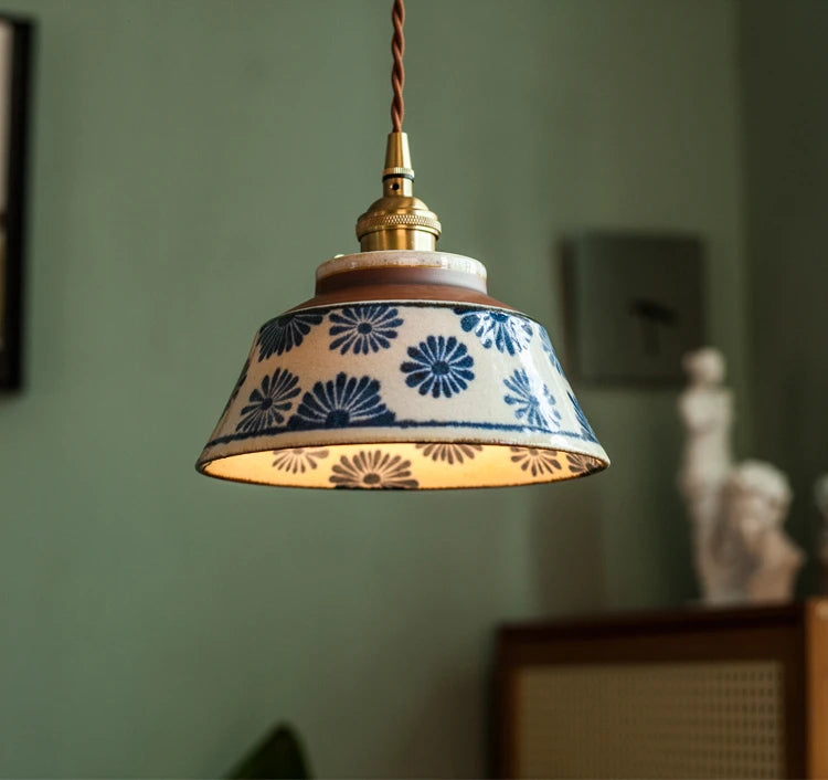 Elegant blue flower-patterned Porcelain Pendant Light in retro Chinese style. Ideal for dining or reading nooks.
