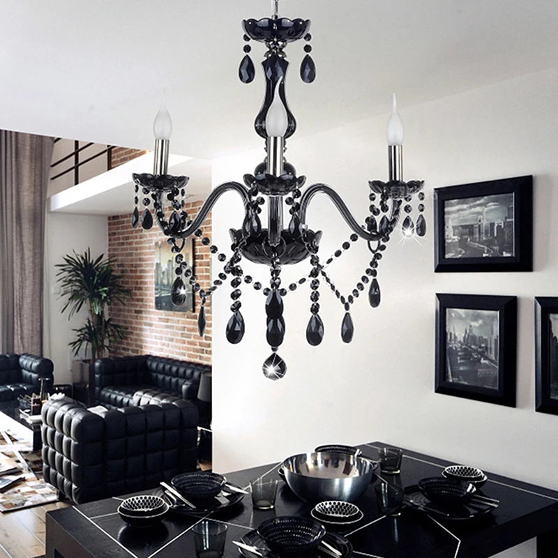 American Crystal Chandelier LED Ceiling Light installed in a modern dining room, enhancing the ambiance with elegant black crystal design.
